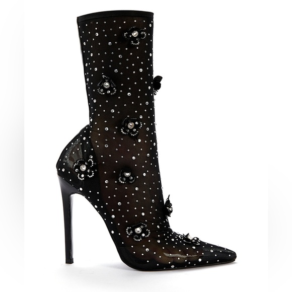 Azalea Wang Smarlowe Floral Appliqued Sheer Mesh Mid Calf Booties | Size 8 - Picture 2 of 14